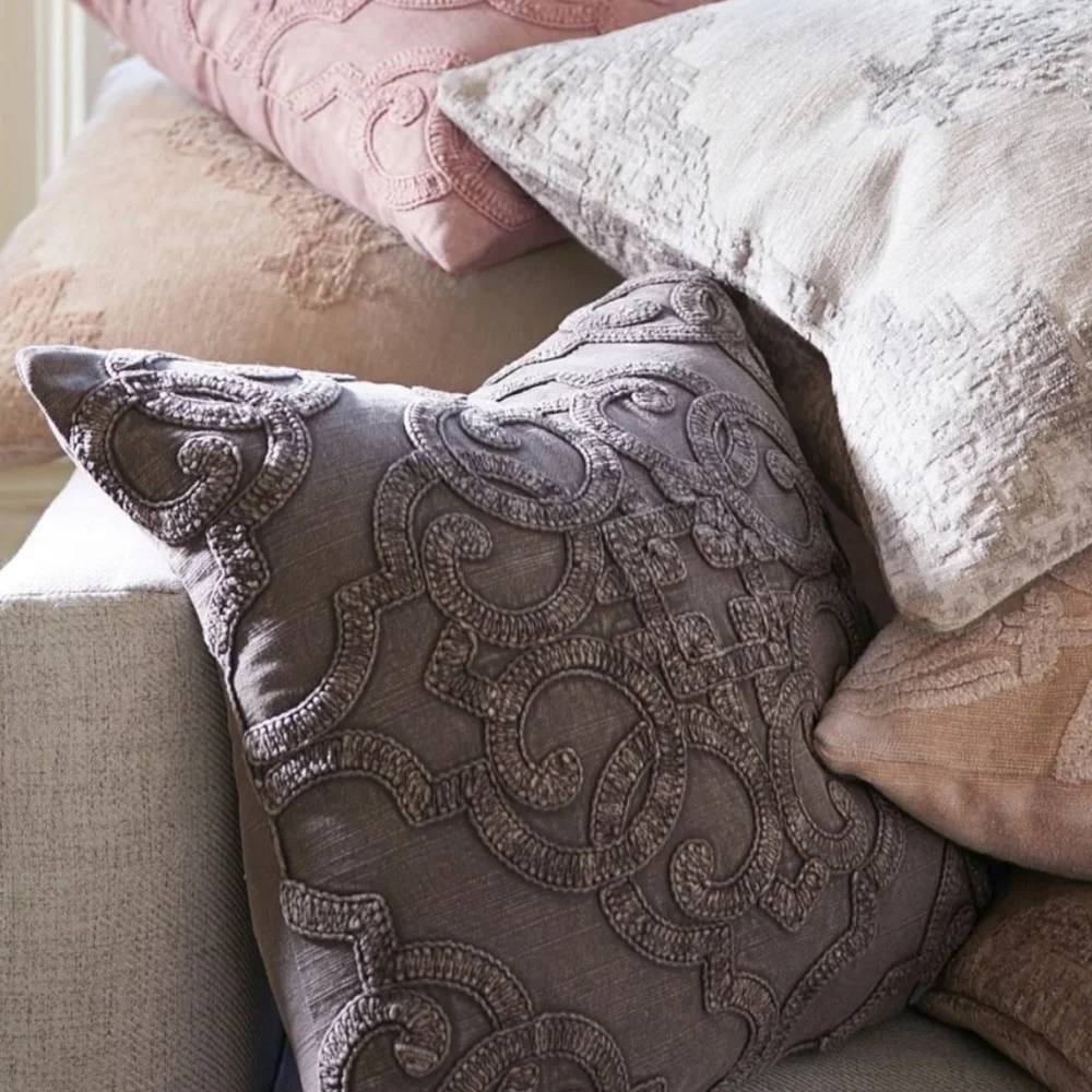 POTTERY BARN DREW Embroidered Gray Pillow Cover